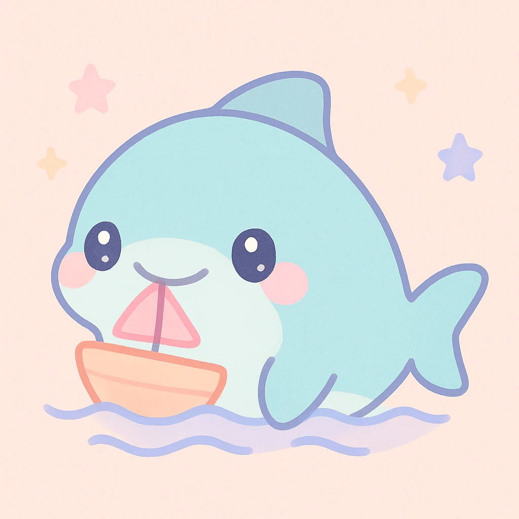 a shark eating a boat, playful and cute style, adorable, soft colors, friendly expression emoji