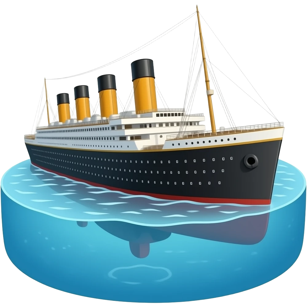 The ship Titanic floats above a shallow pool of water emoji