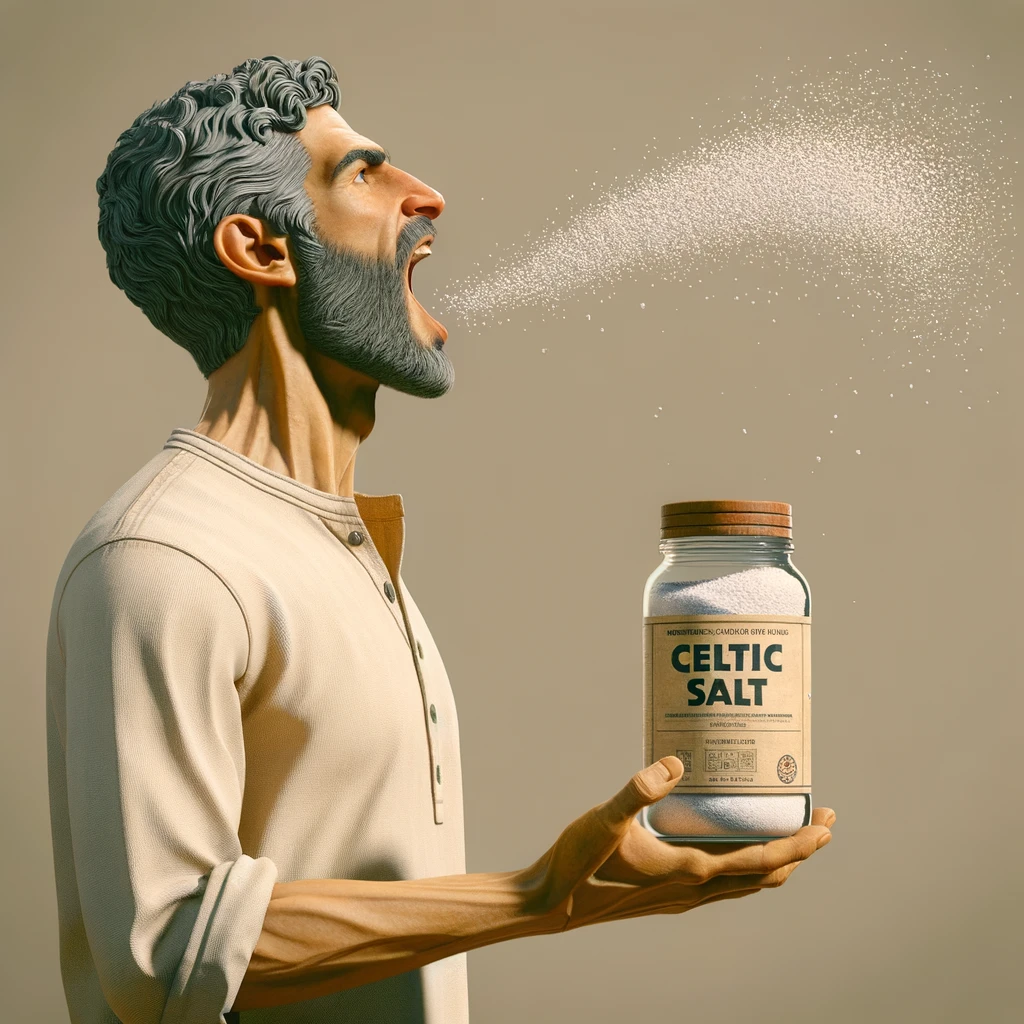 A REALISTIC ANATOMIC human body holding a jar with "CELTIC SALT" written on the label, he throws it in his mouth DURING BREAKFAST, NEUTRAL CLEAR BACKGROUND emoji