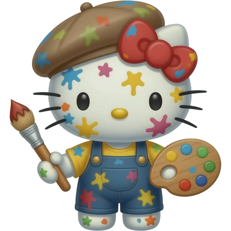 hello kitty representada como el pintor vangogh, con boina, pincel y toda manchada de pintura pincel emoji