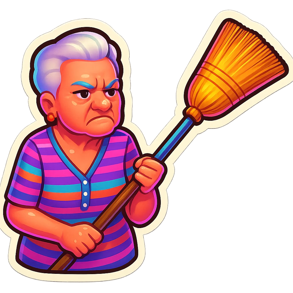 Transform this photo of an elderly woman holding a broom into a playful and vibrant Genmoji style portrait, emphasizing her expressive face and the broom with a colorful and lively emoji look. emoji