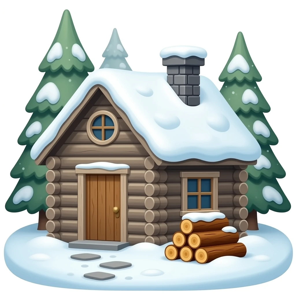 Greyish brownish winter cabin with wood logs laying outside emoji