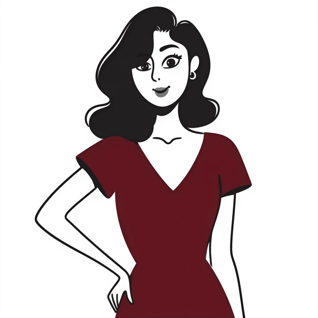 Sophisticated woman in her 30s with bright complexion, defined features, almond eyes with bold eyeliner and notable lashes, medium-thick eyebrows, straight elegant nose, thick bright red lips, voluminous dark straight hair with soft waves at ends, wine red velvet V-neck dress emoji