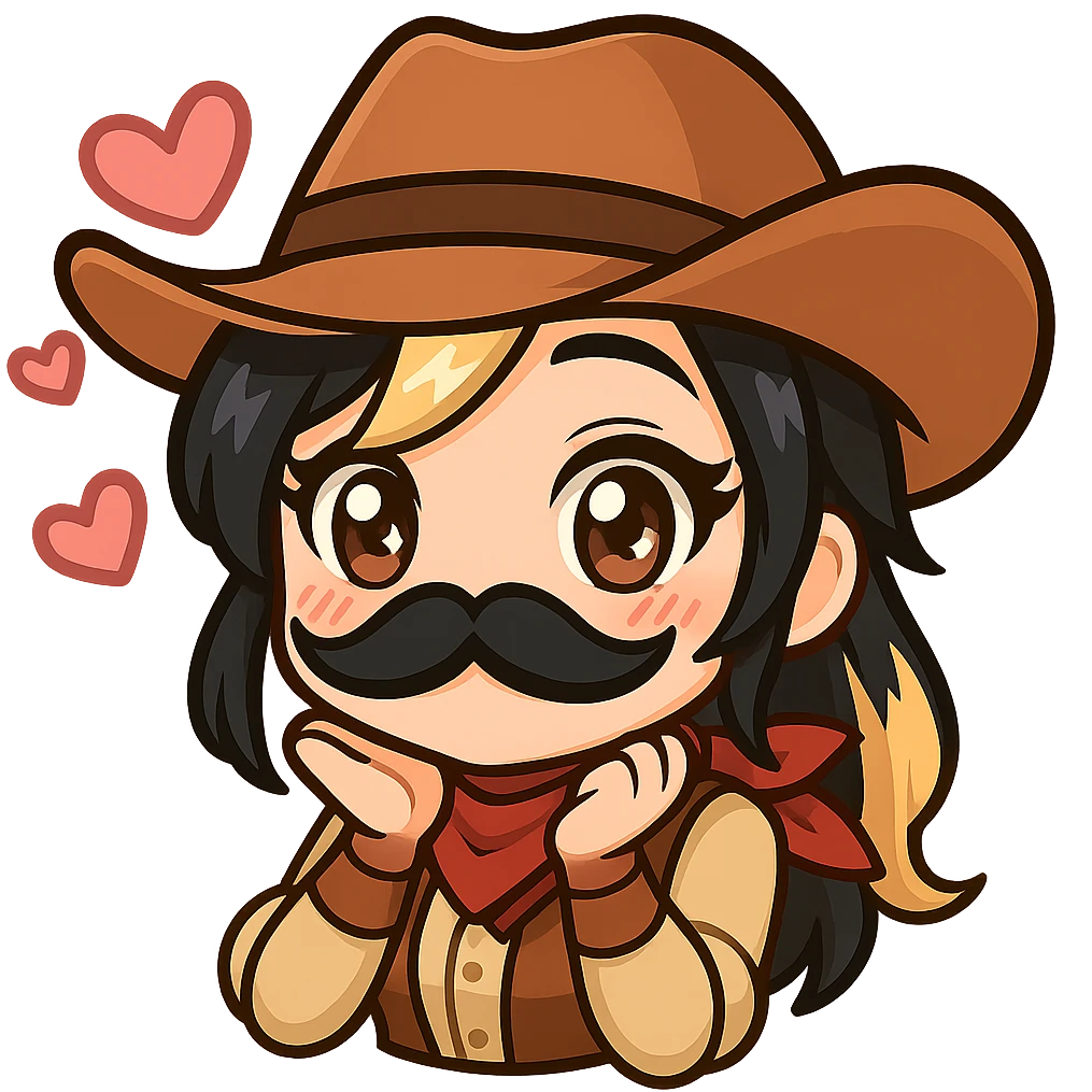 Transform the chibi ninja girl into a chibi cowgirl with a playful mustache. Add a cowboy hat and western-style outfit details while keeping the chibi/anime style, her hair color, and the cute expression. Maintain a transparent background. Sized for Twitch or Discord use. emoji