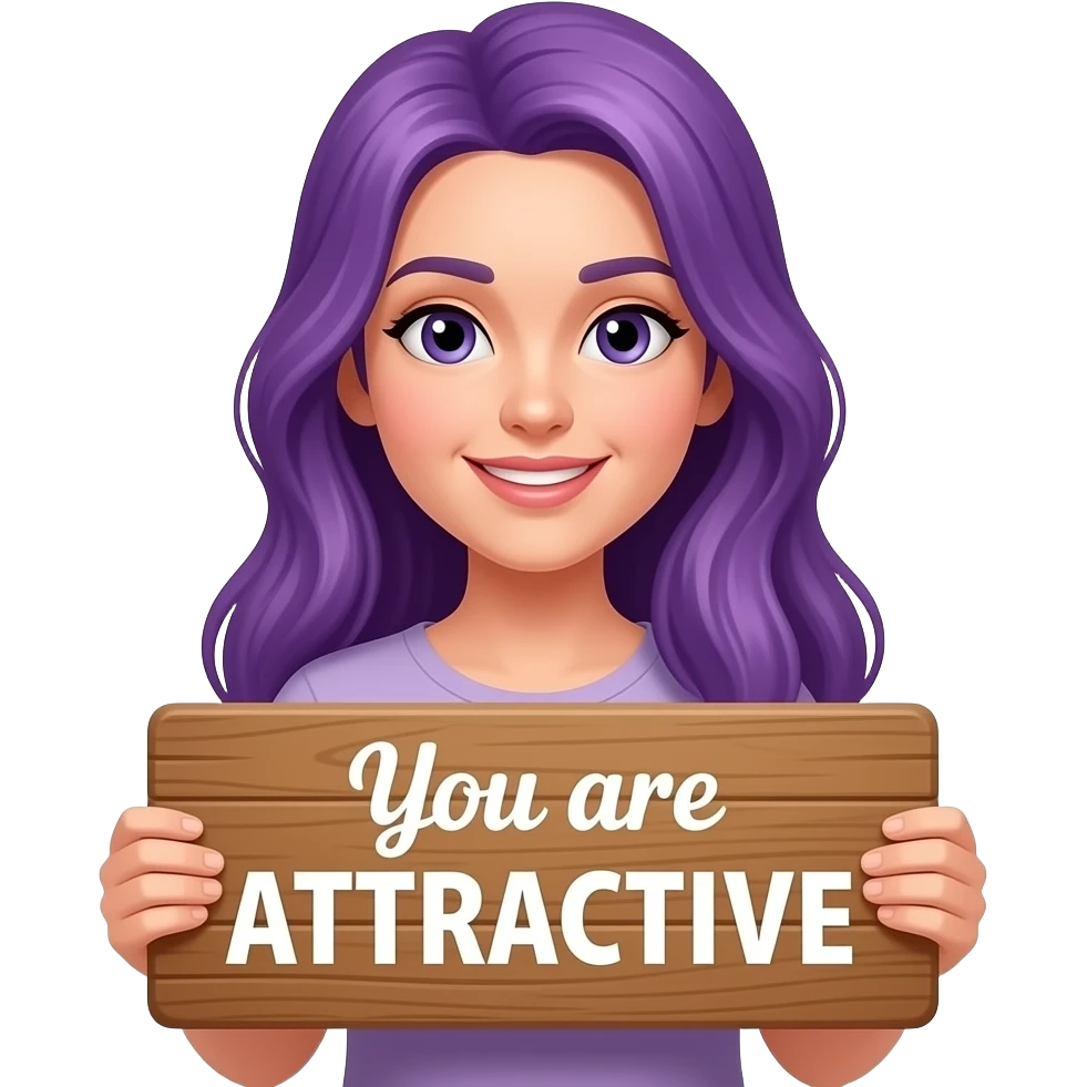 girl with long purple hair holding a You are ATTRACTIVE sign emoji