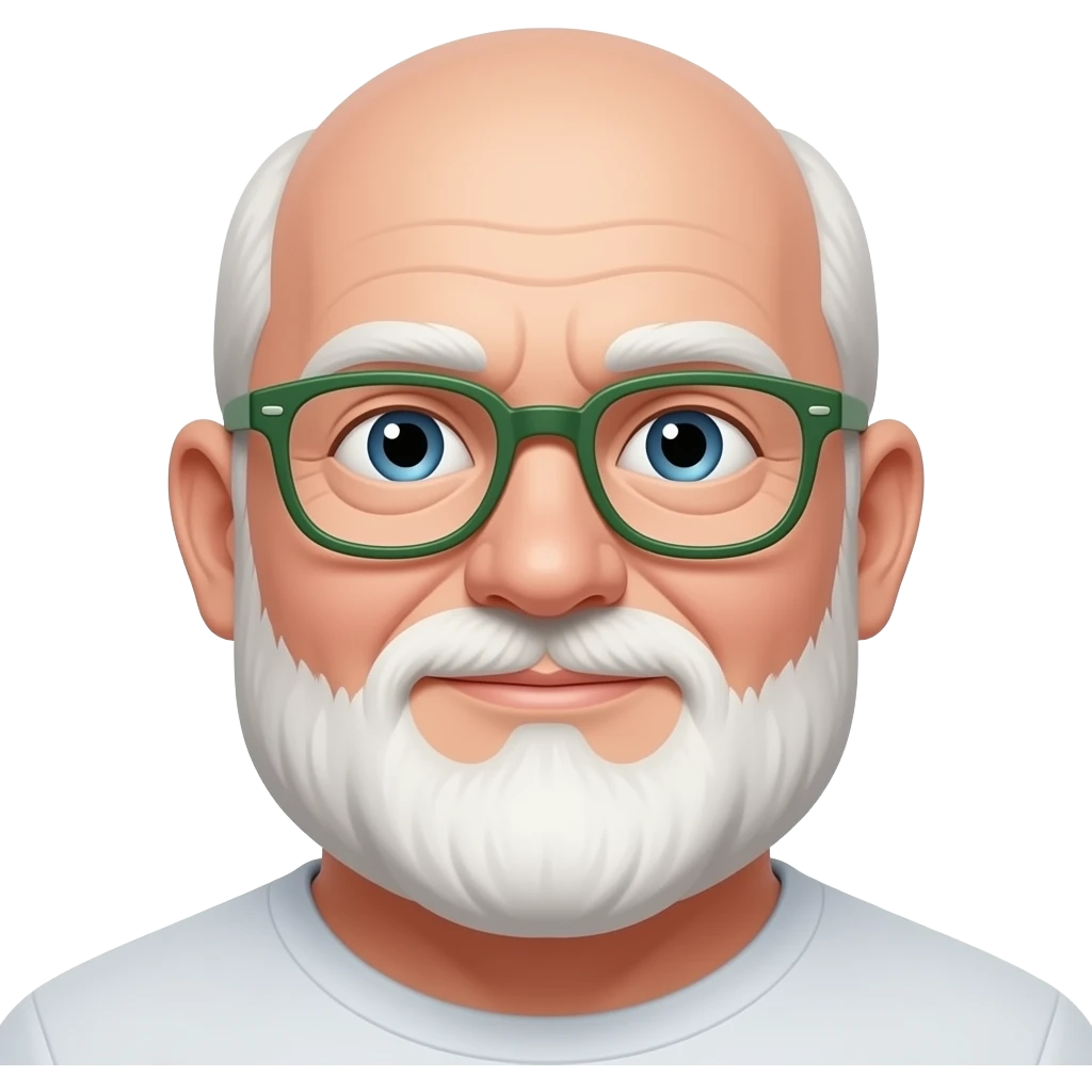 75 year old, white, 300 pound, thin framed glasses with green side arms and no hair except for a full white beard starting from bottom of ear lobe emoji