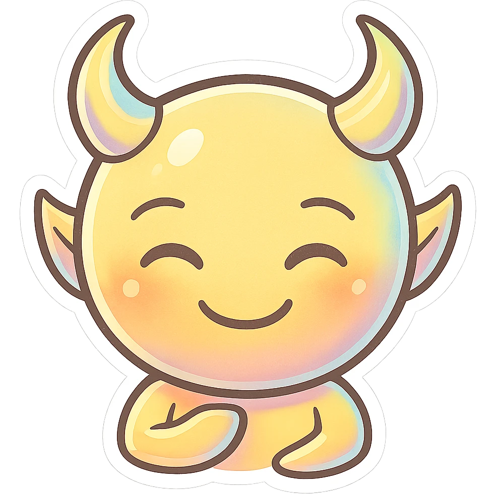 devil emoji, chibi style, holographic effect, iridescent pale yellow and peach, elegant horns, sweet smile emoji