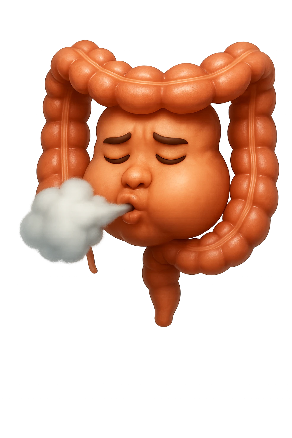 emoji stile iphone di un intestino che ingoia una nuvoletta di aria ben visibile e gli si gonfia la pancia, non fargli il naso, iperrealistico 4k emoji