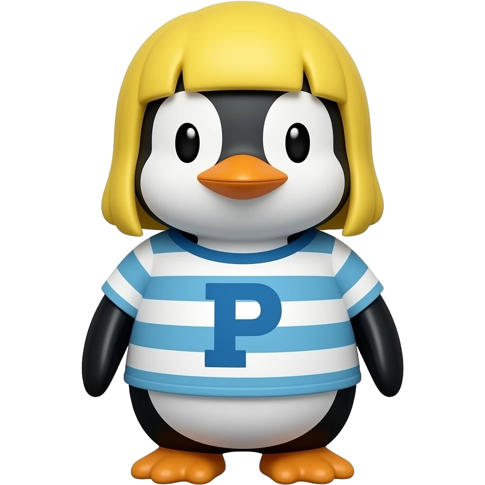 Pecola (Make a cubic penguin with yellow hair and striped shirt with the letter "P" on it. Two colors of his striped shirt are white and blue. His feathers are black and his beak and feet are orange.) emoji