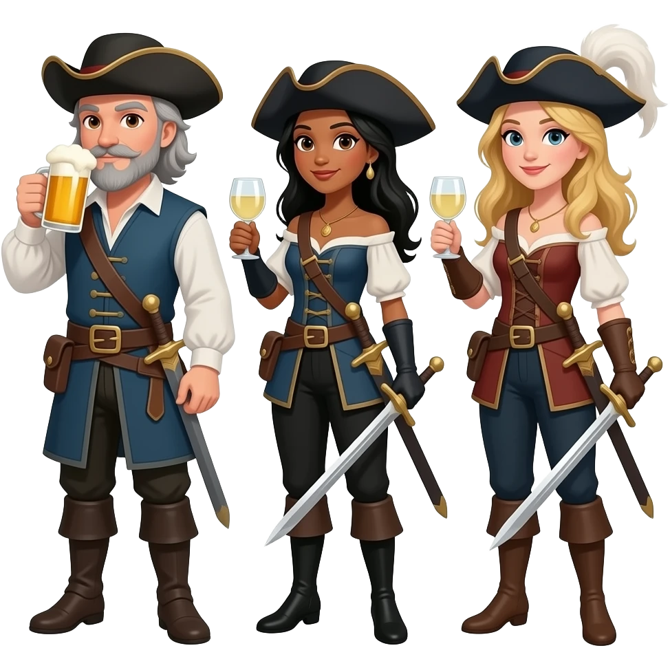 Three musketeers with swords and hats. One guy with salt and pepper hair, beard and brown eyes, one girl with black hair and tanned skin and one girl with blond hair. The guy is drinking beer and the girls white wine. emoji
