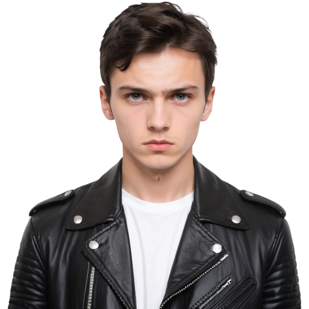 Danila Bagrov from Brother 2 movie, young Russian man with short dark hair, serious expression, wearing black leather jacket emoji