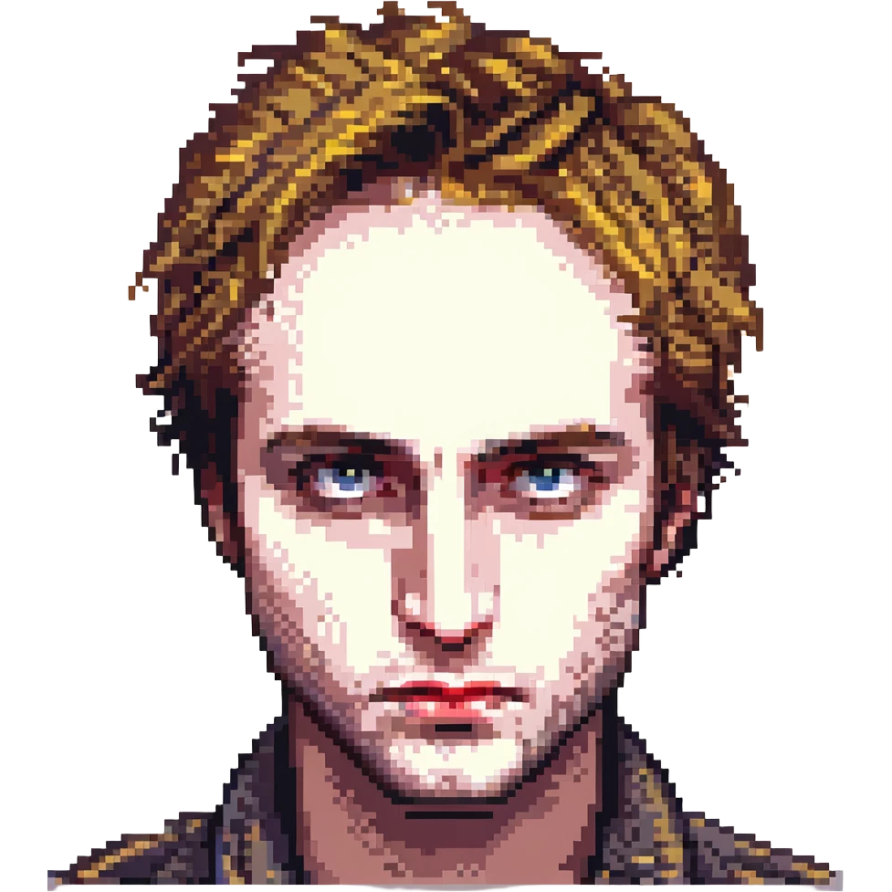 Pixel art version of Robert Pattinson, expressive eyes, defined jawline, simple color palette emoji