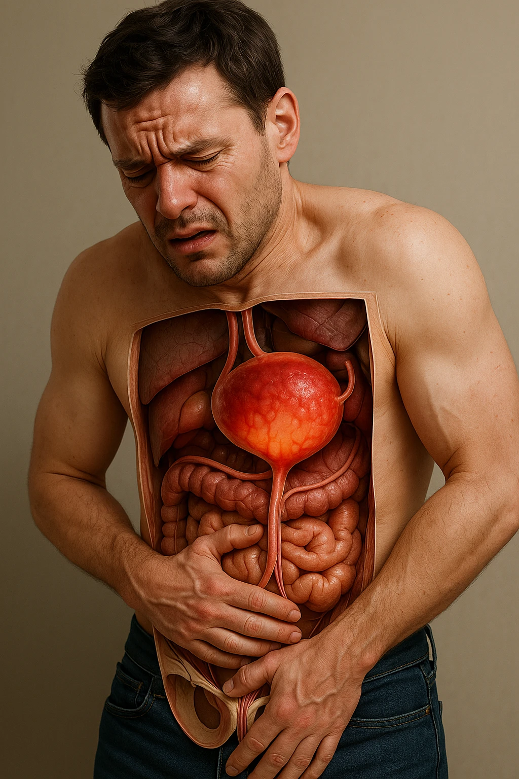 Vertical, hyper-realistic 3D cutaway illustration: uomo con difficoltà con cistite e problemi  emoji