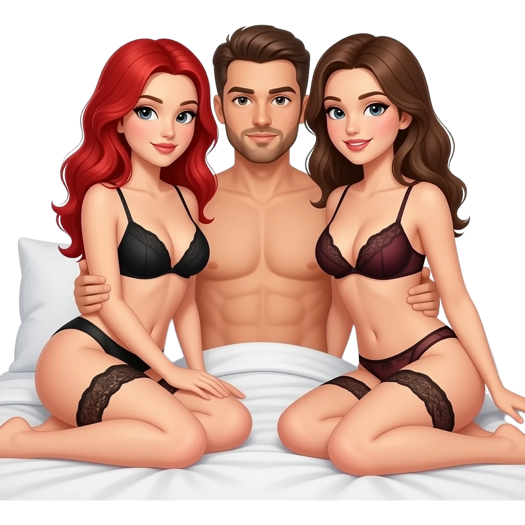 Sexy threesome in bed, 2 women one male. 1 redhead women, 1 brunette women. Man to have brunette hair with short facial hair. Women in thong lace lingerie emoji