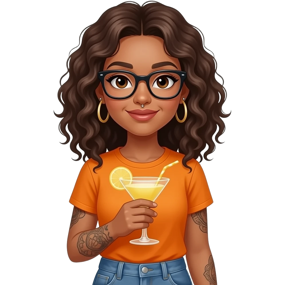 A woman with tan skin, shoulder-length curly hair (sometimes straightened), black square glasses, two nose studs, and visible tattoos (left shoulder and inner arms). She is wearing an orange T-shirt and jeans. There are stars in the background and she's holding a mimosa emoji