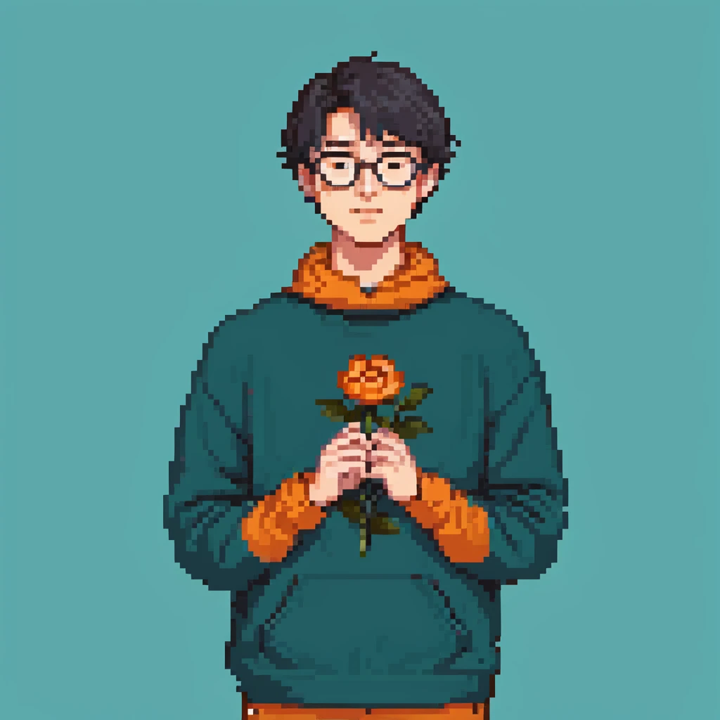 A young man with short black hair and glasses, standing outdoors with both hands forming a flower pose under his chin, wearing a dark teal sweatshirt, bright cheerful vibe, blurry street scene with cars and trees in the background, detailed pixel art style emoji
