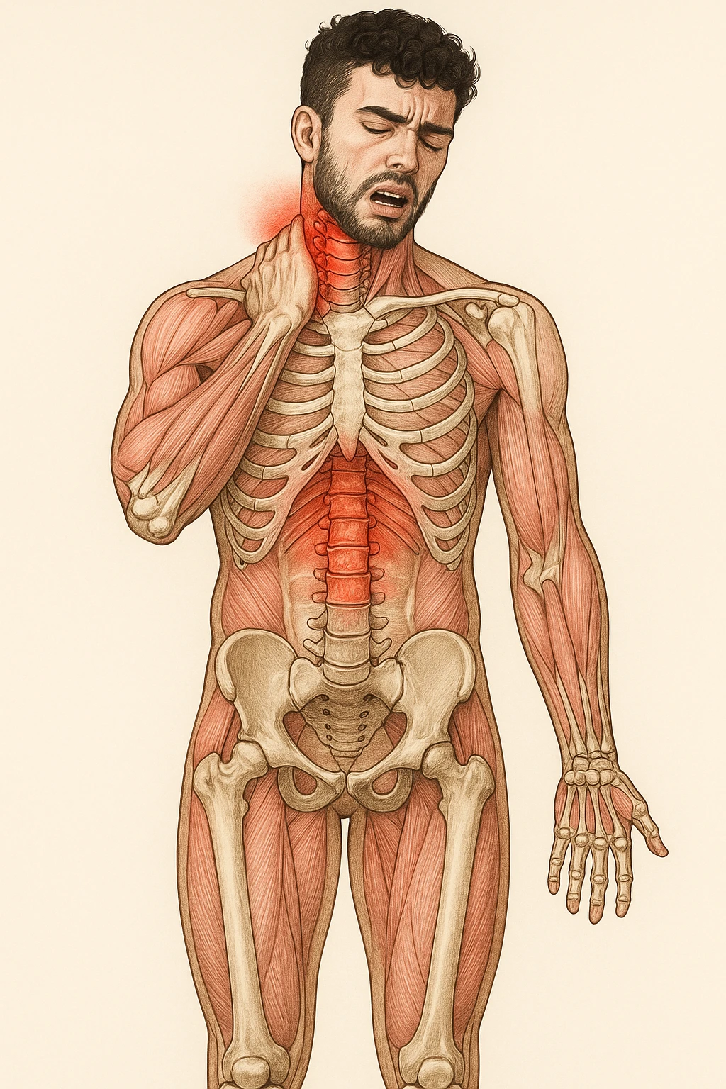 Uomo con dolore per infortunio vista anatomica in piedi con dolori cervicali emoji