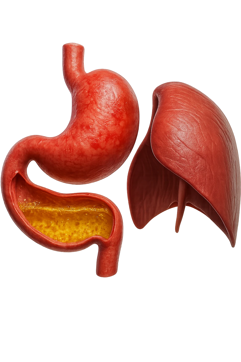 stomaco umano anatomico infiammato con acido giallo all'interno fluttua in aria insieme ad un diaframma umano, iperrealistico 4k, isolato su sfondo bianco emoji