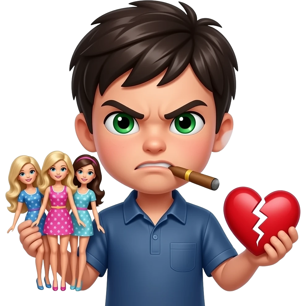 Little slim dark haïr boy with green eyes with three barbies in one Hand with very angry face and cigar and broken heart in another hand emoji