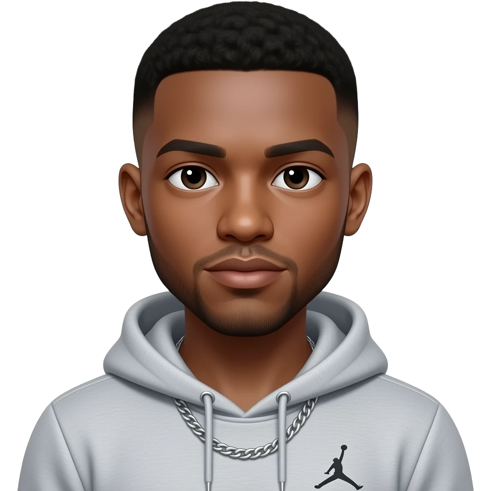 make a black skinned 22 year old with a low taper fade wearing a thin grey sweatshirt with jordan shorts and make sure he looks athletic with a very thin silver chain with nothing on it emoji