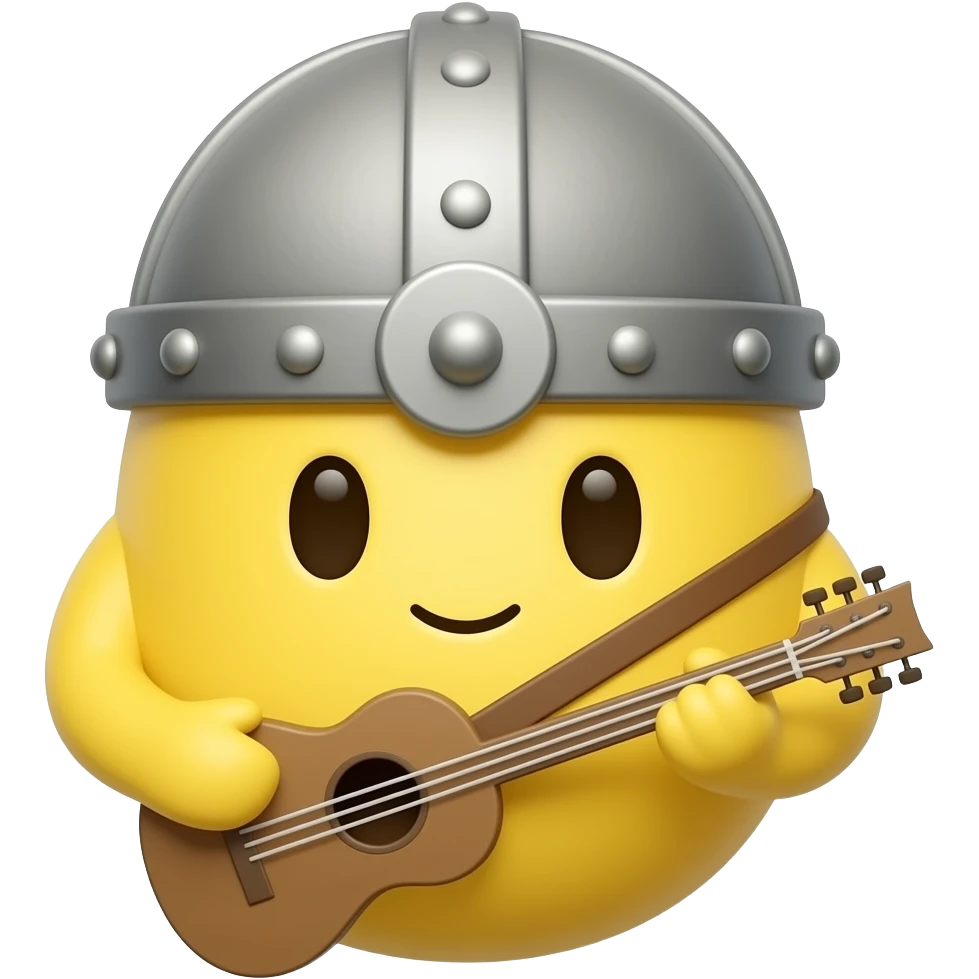 verry round yellow face emoji with a "medieval bard hat" and a "medieval bard instrument", "no arms nor hands" emoji