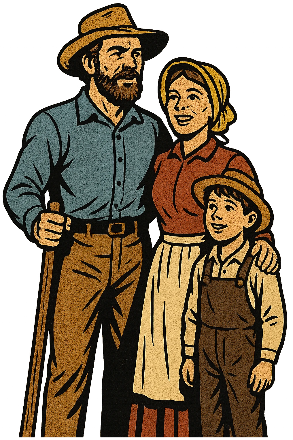 The full bodies of a pioneer homestead family from the 1860s who are looking forward to their new life in the American West. There is one father, a mother and a young boy standing close together.  emoji