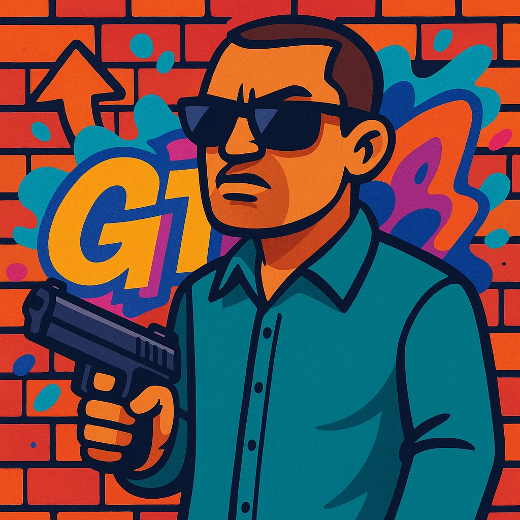 Cartoon GTA character, holding a gun, sunglasses, graffiti wall background emoji