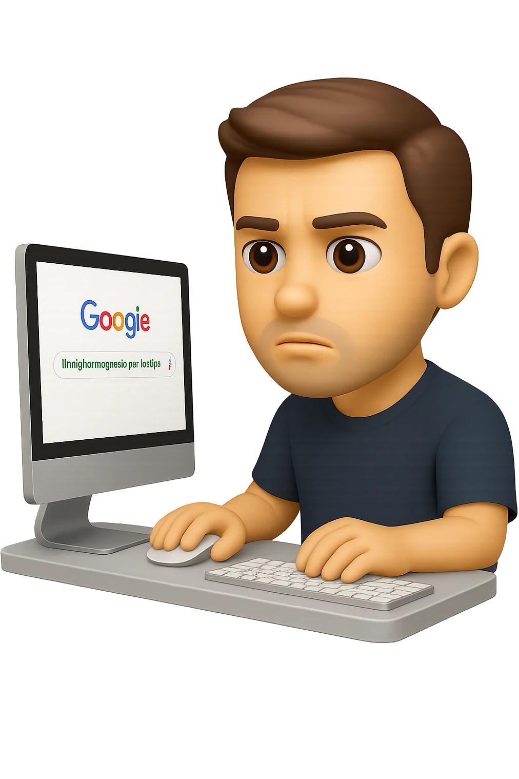 emoji stile iphone di un uomo davanti al pc che cerca di google: "Il miglior magnesio per la stipsi", iperrealistico 4k emoji