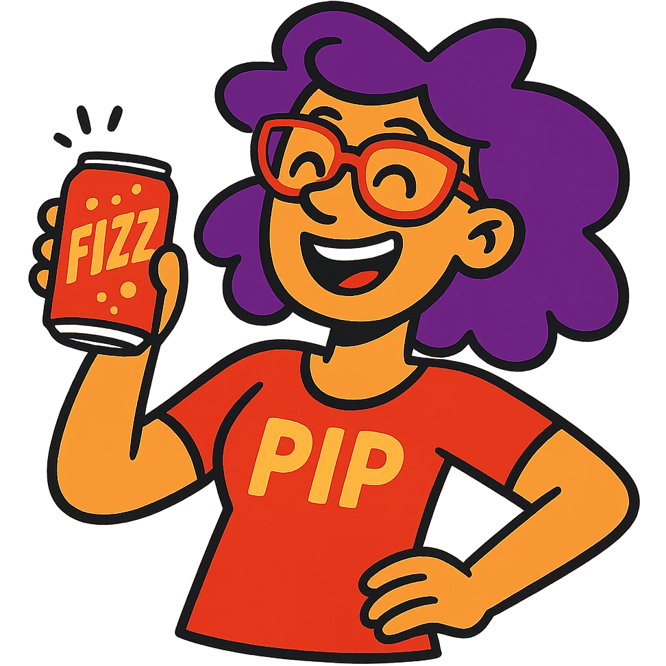 cheerful woman named Pip with purple hair and red glasses, holding a can of fizz, fun and expressive style emoji
