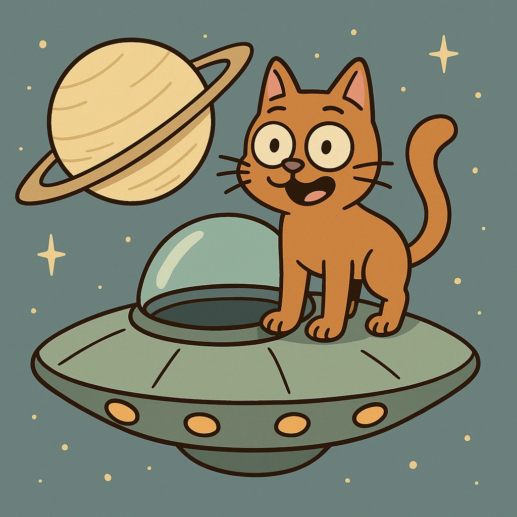 a cat on top of a UFO with Saturn in the background, cartoon style emoji