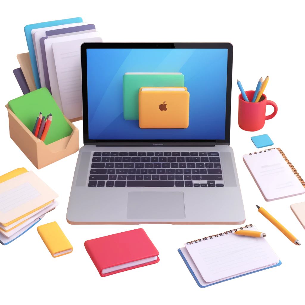 a MacBook surrounded by work files, 3D iOS icon style emoji