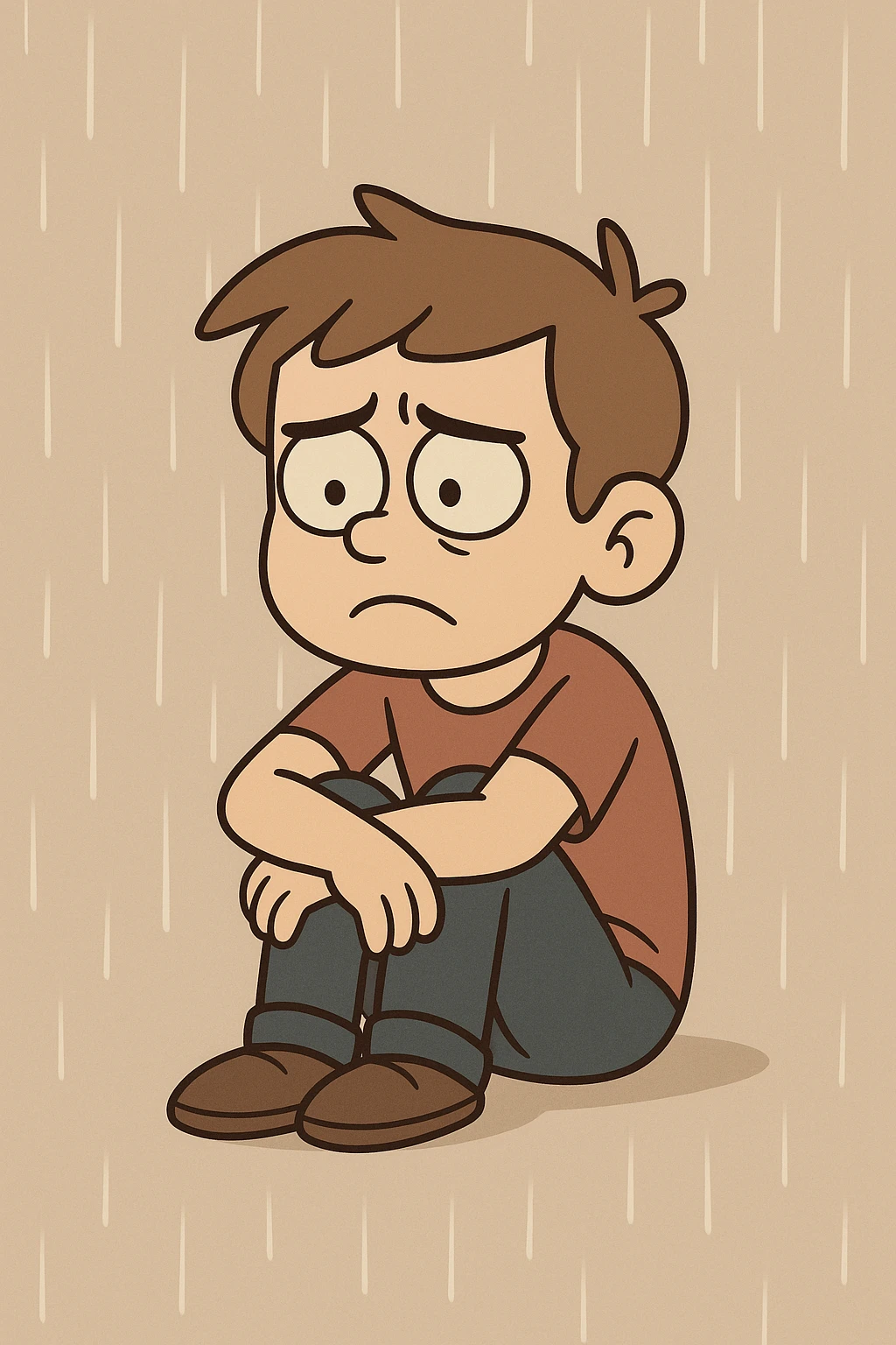 a boy sitting alone, looking sad, with rain falling, simple modern style, minimal details, muted colors emoji