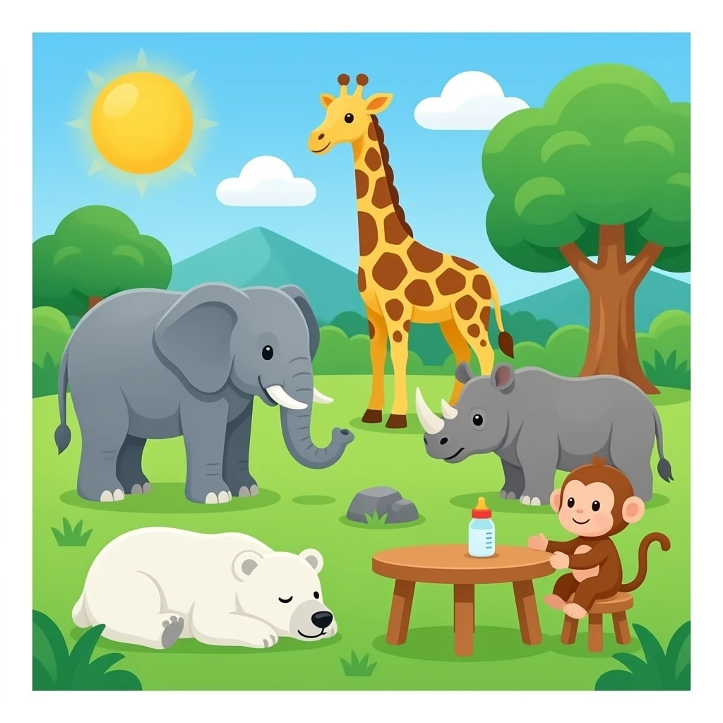 Zoo: elephant, giraffe, rhino feel lonely, polar bear sleep, and baby monkey with bottle and baby table emoji