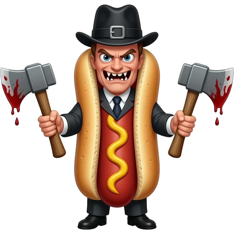 a vicious looking hot dog with sharp teeth dressed as lizzie borden holding two bloody hatchets looking evil emoji