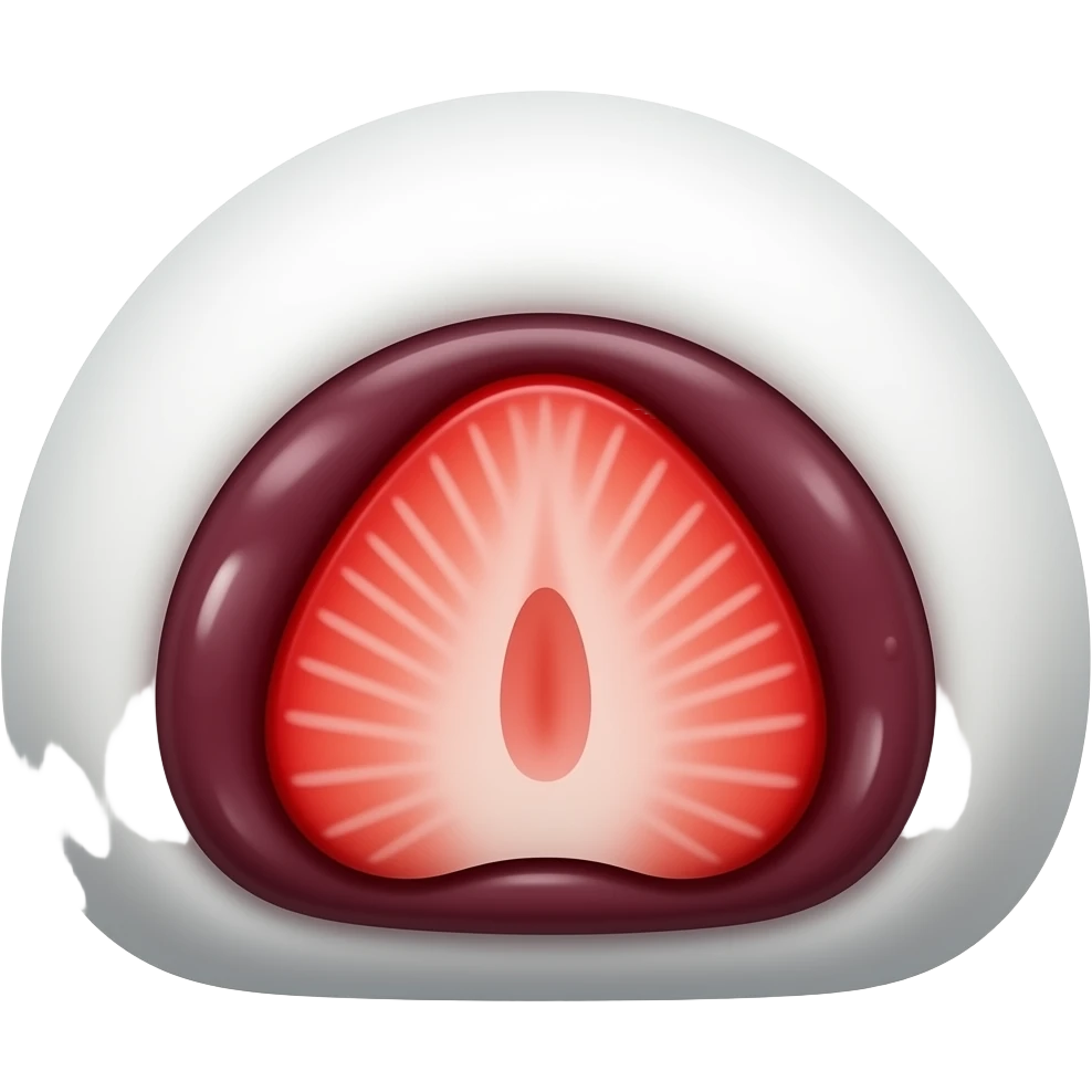 kawaii strawberry daifuku emoji, perfectly round white mochi with smooth soft surface, glossy strawberry and red bean filling inside, one cut open showing a beautiful strawberry cross section, cute dessert icon, symmetrical shape emoji