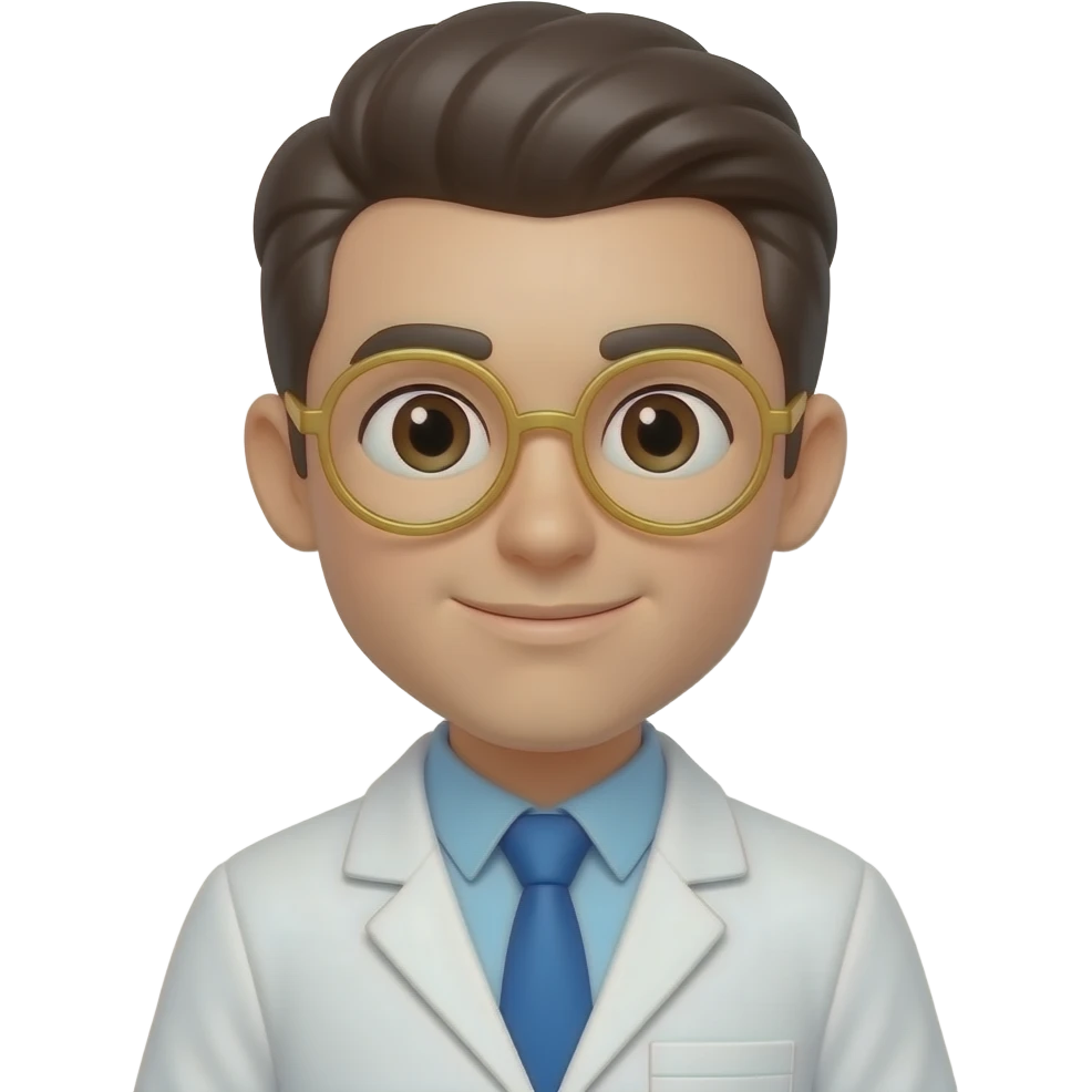 Ultra-smooth 3D scientist memoji, flawless glossy skin, dark brown parted hair, gold round glasses, wearing white lab coat and blue tie. Centered portrait, white background. emoji
