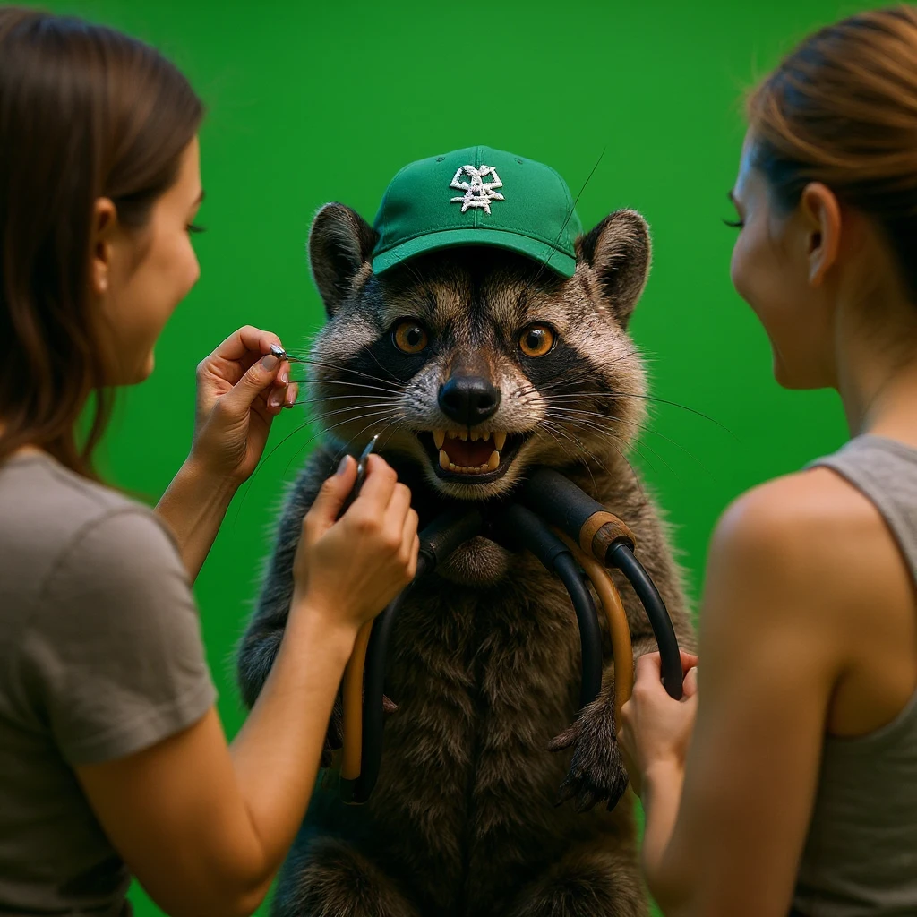 Make this raccon looking cute and make him on a movie set, with a green screen in the background, a raccoon actor is smiling while women are putting makeup on him. The raccoon gives a thumbs up, soft bright light, raccoon wearing green emeralnd color cap emoji