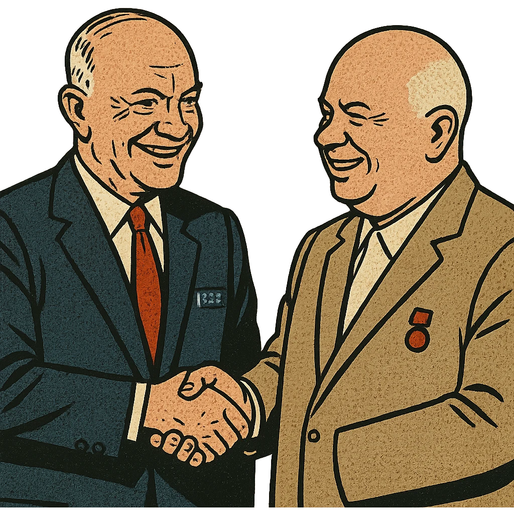 US President Eisenhower wearing a suit with a US badge on the chest shaking hands with Soviet leader Khrushchev and smiling emoji