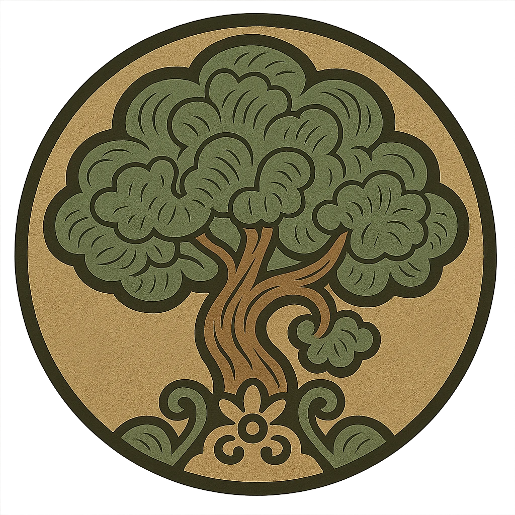 Create a round favicon version of the image showing a tree growing from the ground in Slavic folk art style. Maintain classic detail and use a traditional neutral folk art palette. The image should have a transparent background and be suitable for favicon, logo, and emoji usage. emoji