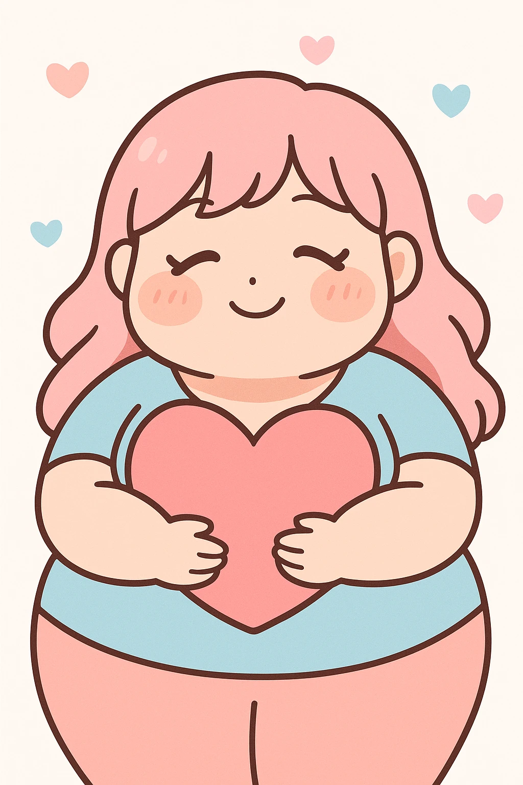 bbw anime girl with closed eyes, smiling, heart in her arms, kawaii anime style, warm and cute emoji