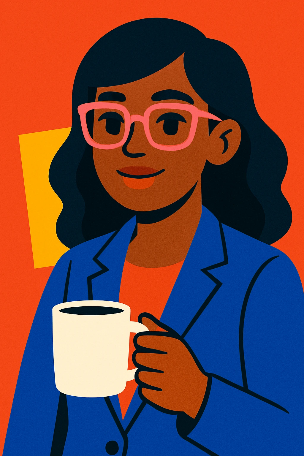 brown-skinned working woman with black hair and light pink eyeglass frames, holding a coffee cup, vibrant toon style emoji