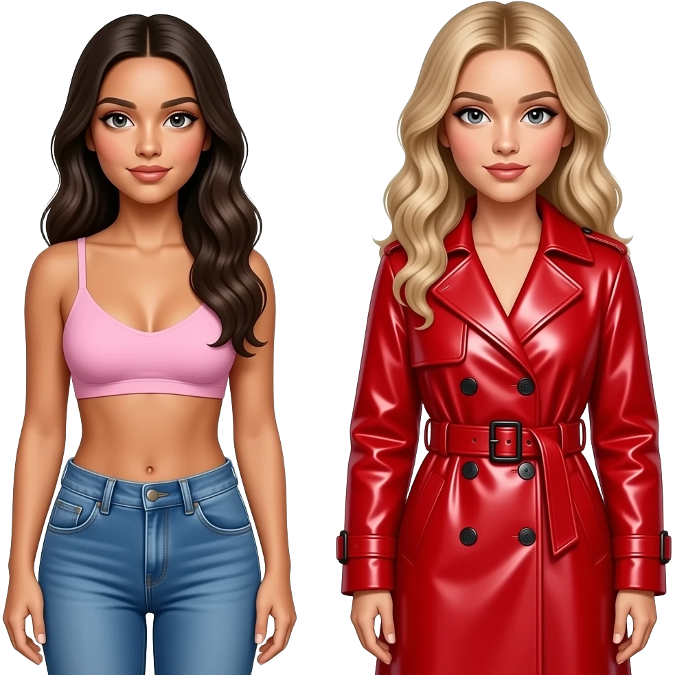 Olivia Rodrigo a pale pink bralette paired with low-rise blue denim jeans. Addison Rae wears vibrant red latex or patent leather trench coat, featuring a wide belt and structured cuffs emoji