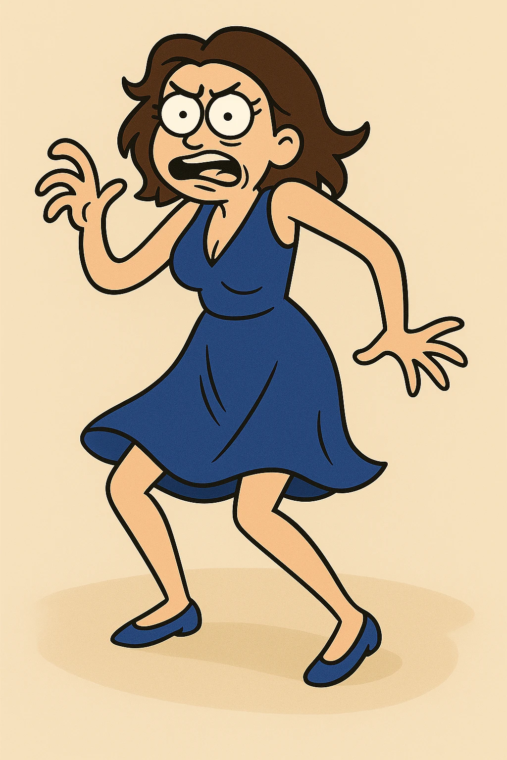 Change the dress to blue, keep the woman dancing awkwardly in the same style and pose. emoji
