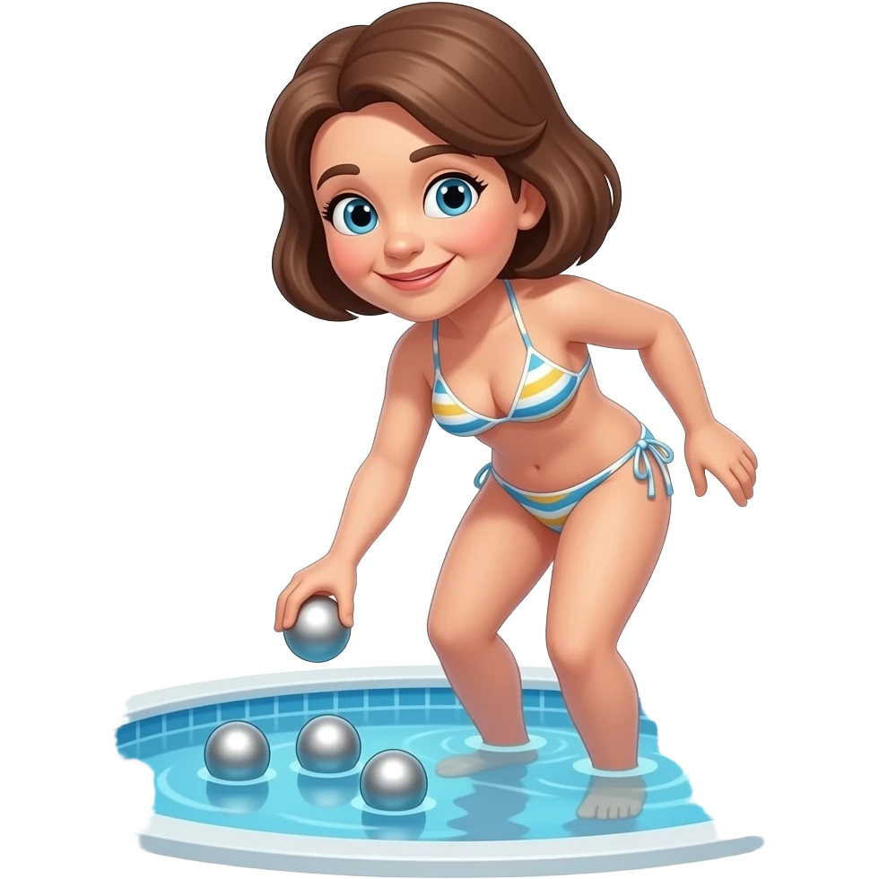 elder lady with full brown hair in a bikini in small pool playing boules, silver boules please emoji