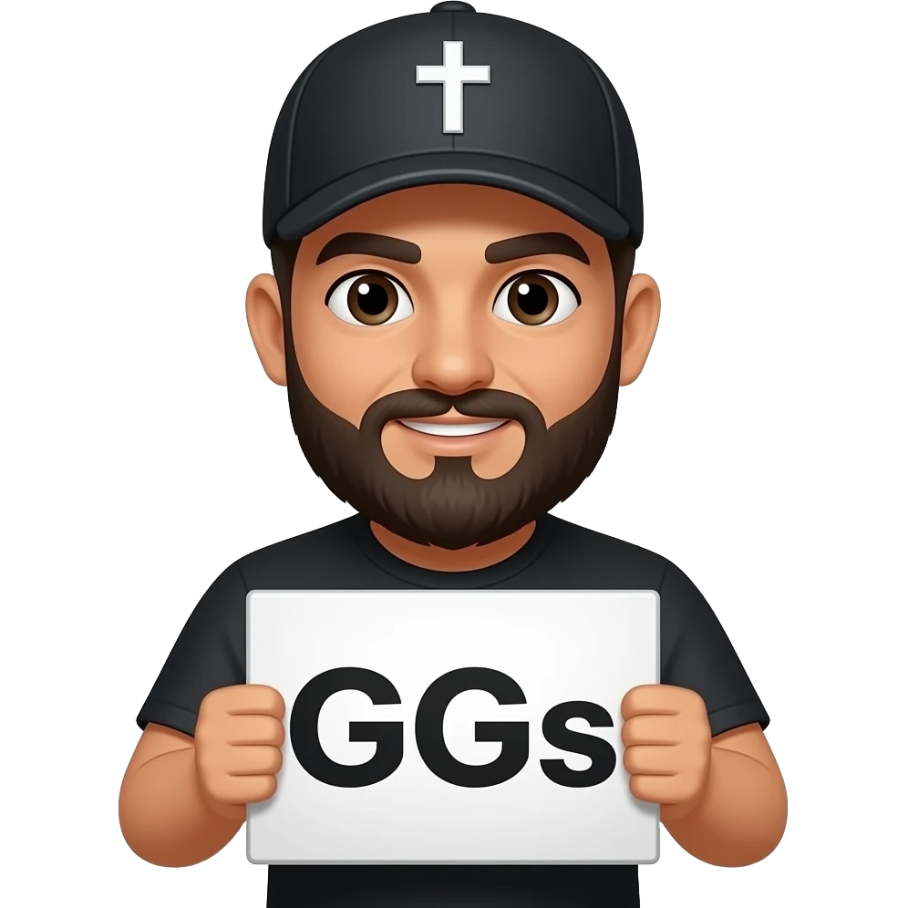 Hispanic Bearded Gamer Wearing A Black Cap that has a cross on it  Holding Sign that says GGs emoji
