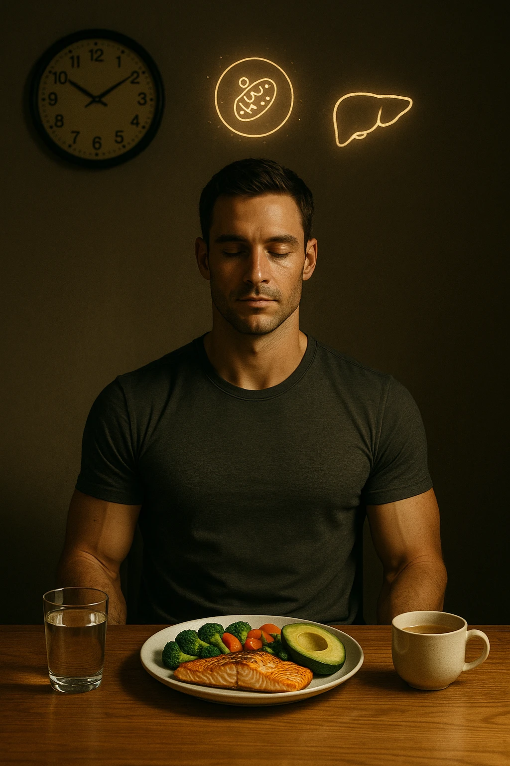 A realistic, cinematic illustration of a healthy, fit man in his early 30s with a calm, disciplined expression, sitting at a clean wooden table in the evening with a single, balanced, nutrient-dense meal in front of him (grilled salmon, colorful vegetables, avocado). The rest of the day he drinks only water and herbal tea, visible in a glass and a simple cup on the side. A wall clock in the background shows 6:00 PM, emphasizing that this is his only meal of the day (OMAD). Subtle glowing icons above him display a regenerating cell, mitochondria, and a liver symbol, representing autophagy, longevity, and health benefits of OMAD. The lighting is warm, with cinematic shadows and natural tones, creating a sense of discipline, mental clarity, and health optimization. The man looks centered and content, showing that OMAD is a conscious choice for energy and regeneration, not restrizione. The scene is realistic with slight film grain for depth emoji
