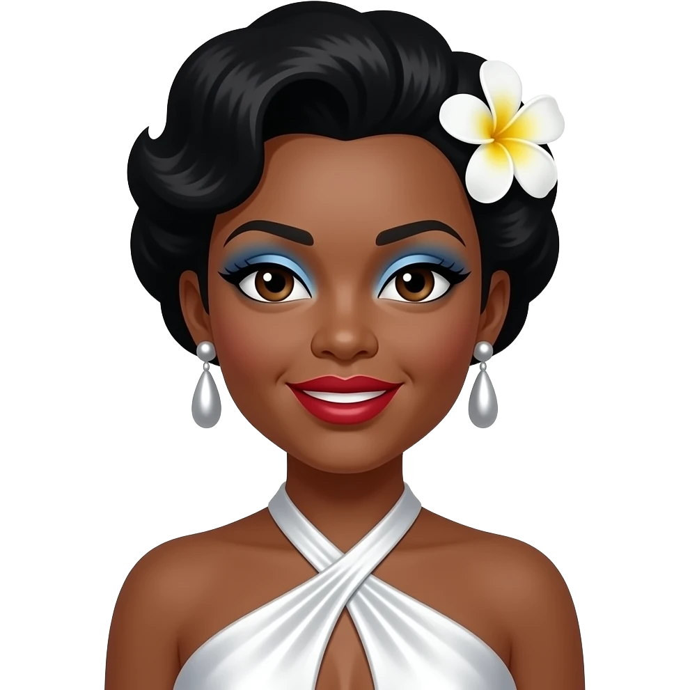 Bille Holiday with dark brown eyes, black pompadour hair with white gardenia, periwinkle eyeshadow, red lipstick, white metallic halter dress, silver earrings emoji