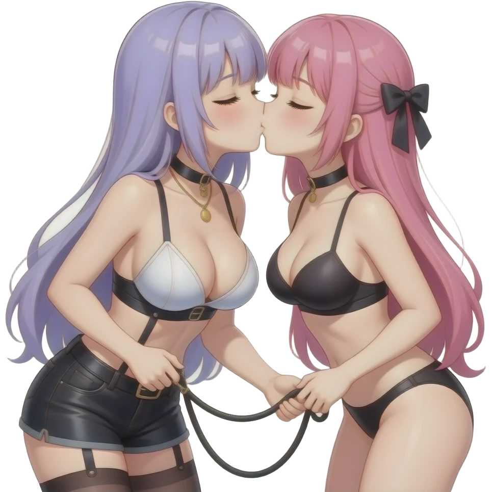 Two anime girls kissing wearing revealing outfits, one on too that has tits sooooooo big and light purple hair and is holding a leash thats tied to the other girl with her eyes closed, and one on the bottom which is wearing a collar and has pink hair and closed eyes emoji