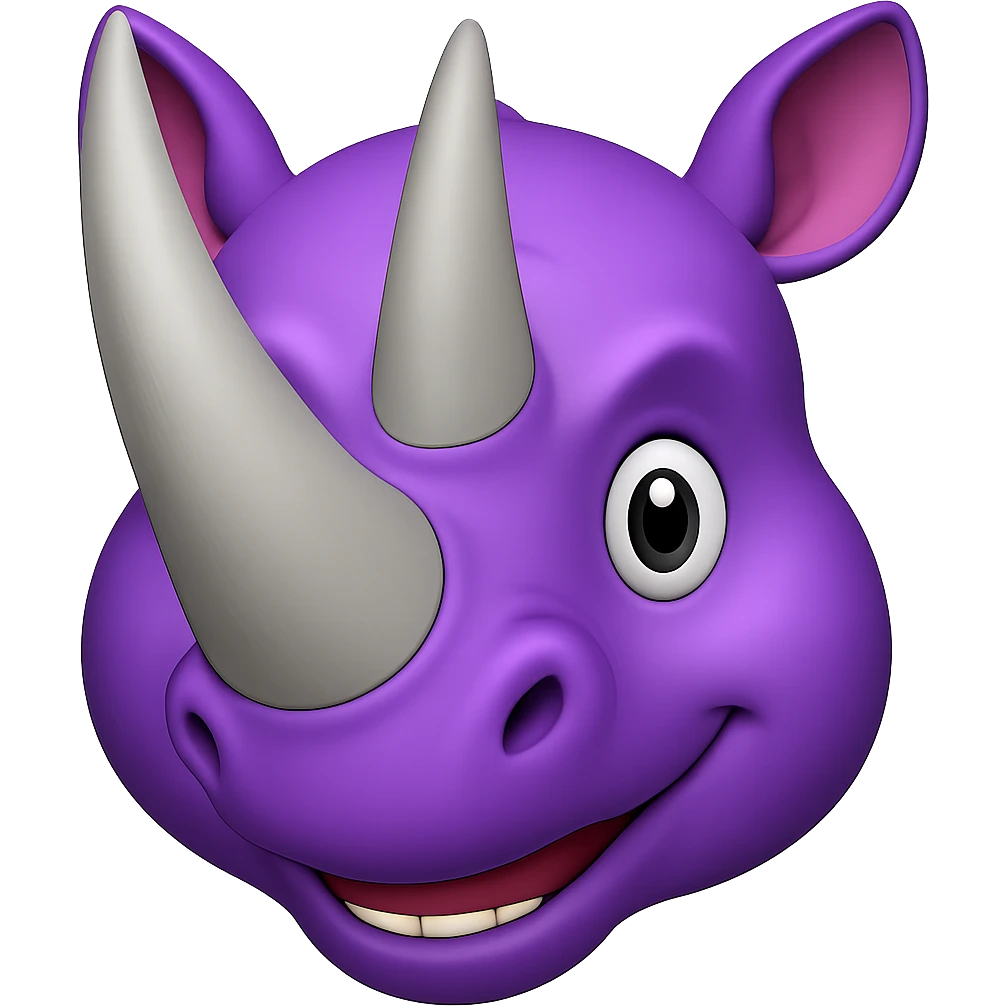 Add two big, normal grey rhino horns to the face, keeping the purple rhino emoji style, no background. The style should resemble the purple rhino emoji style with no background. emoji