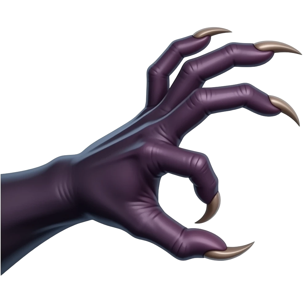 Long dark Demonic hand with sharp claws. Make the hand reach out to attack and slash towards the right of the image violently. Shift the perspective to a side profile to show the curvature and length of the claws more clearly. emoji
